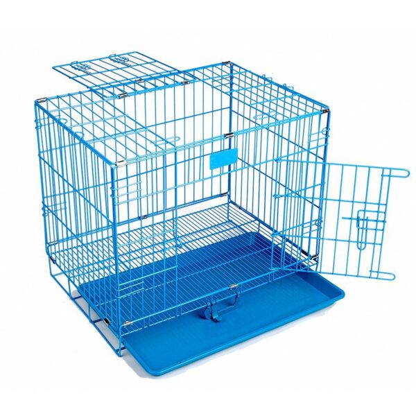 Folding Metal Dog Crate Foldable Pet Cat Cage Kennel Double-Door Easy Install Pink Blue S size for Small pet 45*30*38CM