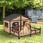 59"x64"x39" Wood Large Dog House Cabin Style Elevated Pet Shelter Nap Porch Deck