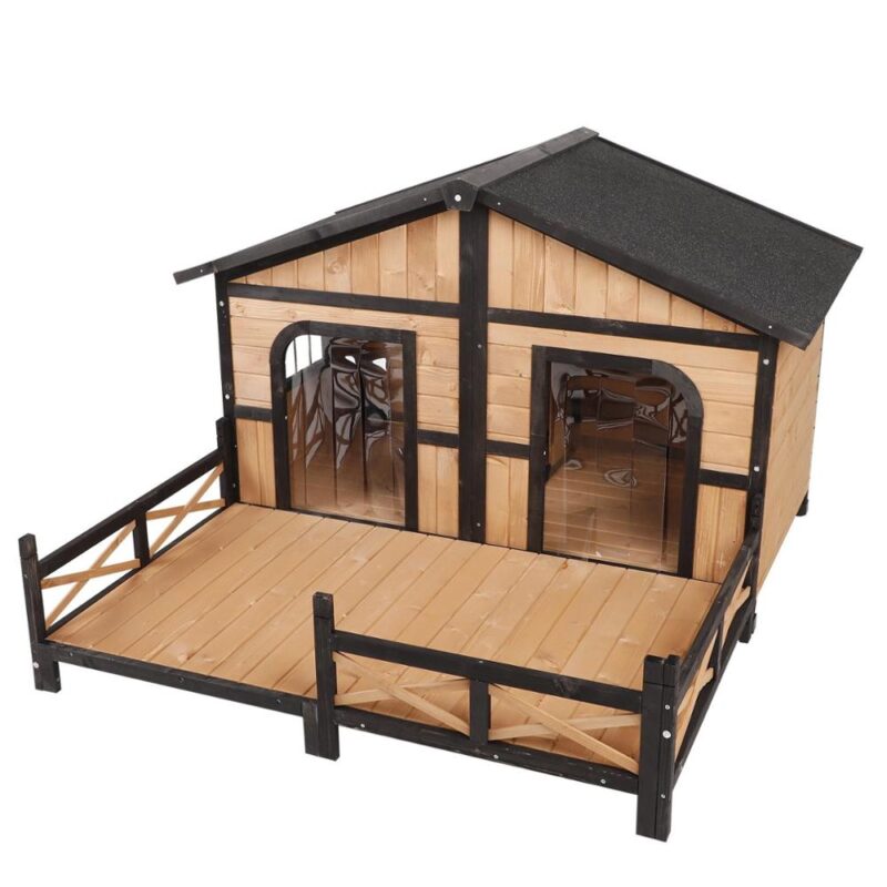 59"x64"x39" Wood Large Dog House Cabin Style Elevated Pet Shelter Nap Porch Deck